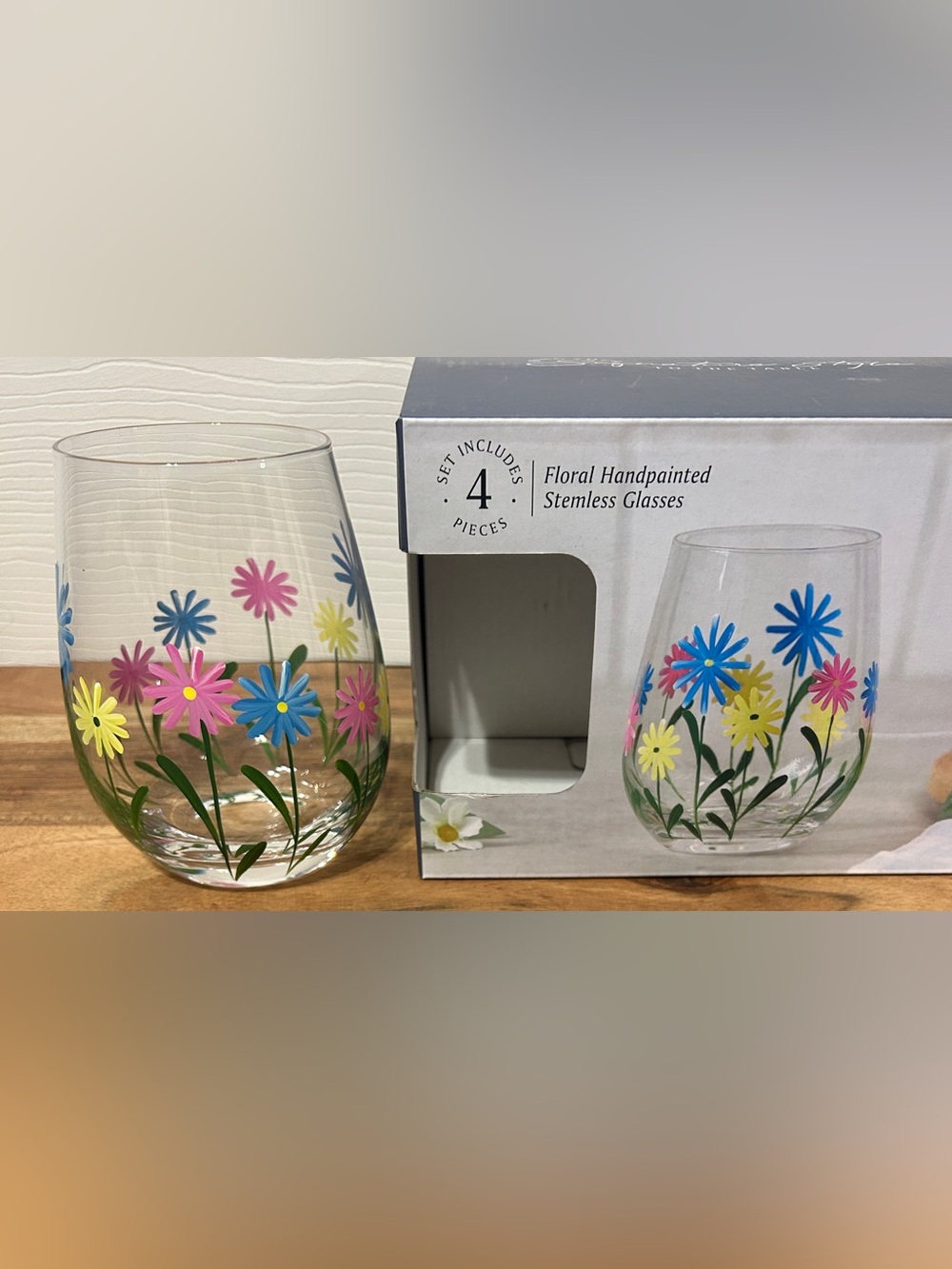 Floral Handpainted Stemless Wine Glasses Hobby Lobby 20 Oz. Set of 4 NEW